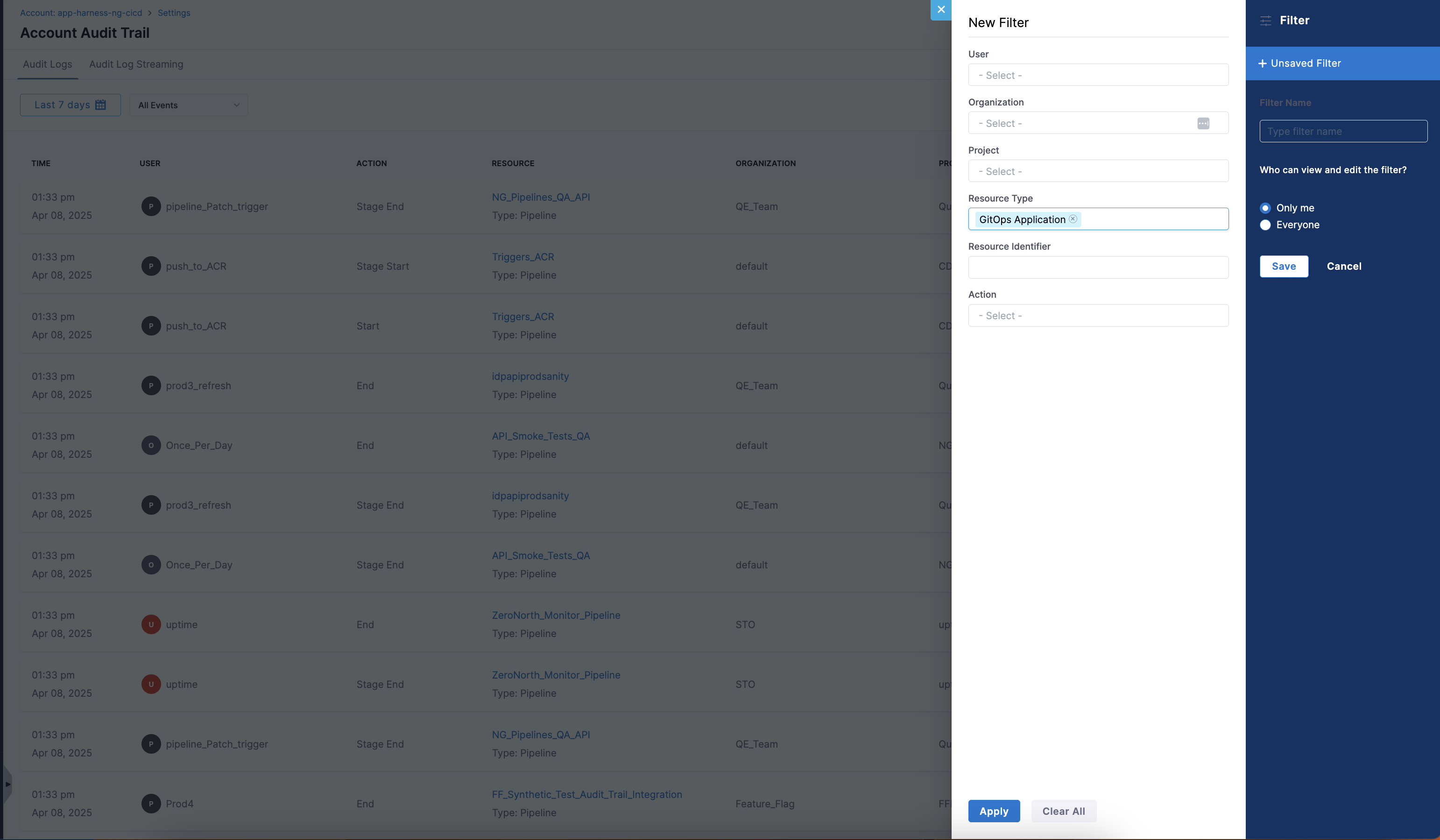 Screenshot showing the Audit Trail filter interface with Resource Type filter set to GitOps Application