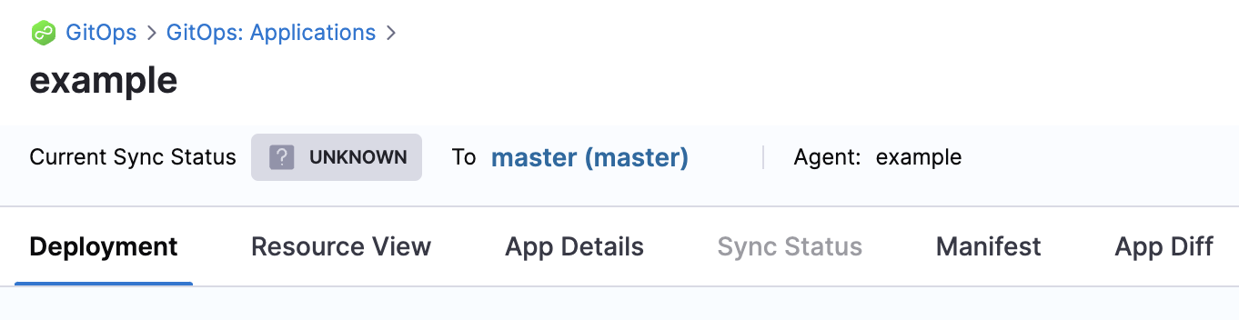 Screenshot showing the newly created GitOps Application with UNKNOWN sync status